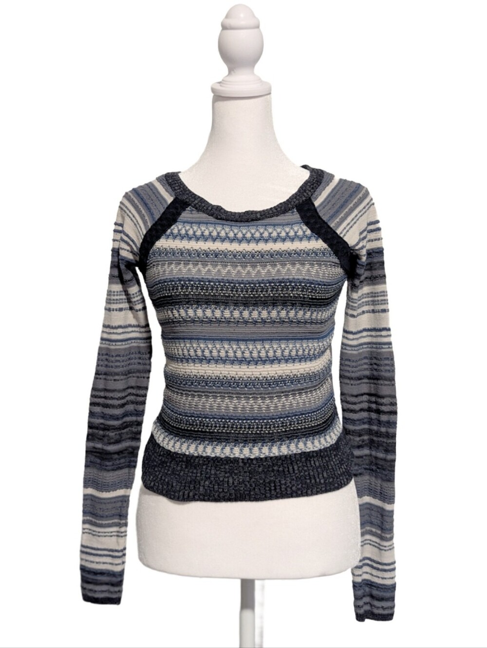 Free People Raglan Fair Isle Top Blue Gray Cream Boho Size XS